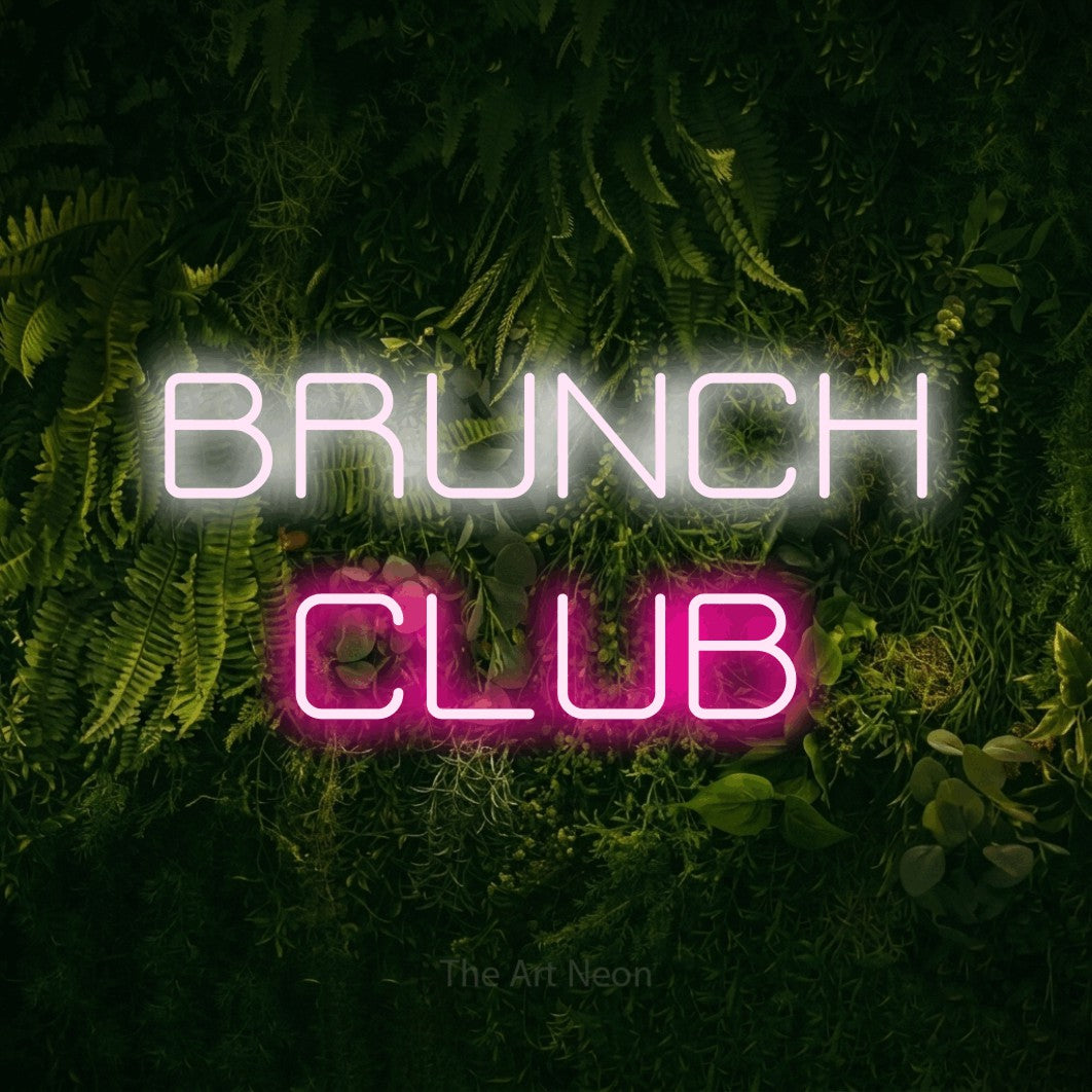 Hot pink and cool white LED neon sign reading "Brunch Club" against a moss-covered green wall for kitchen décor