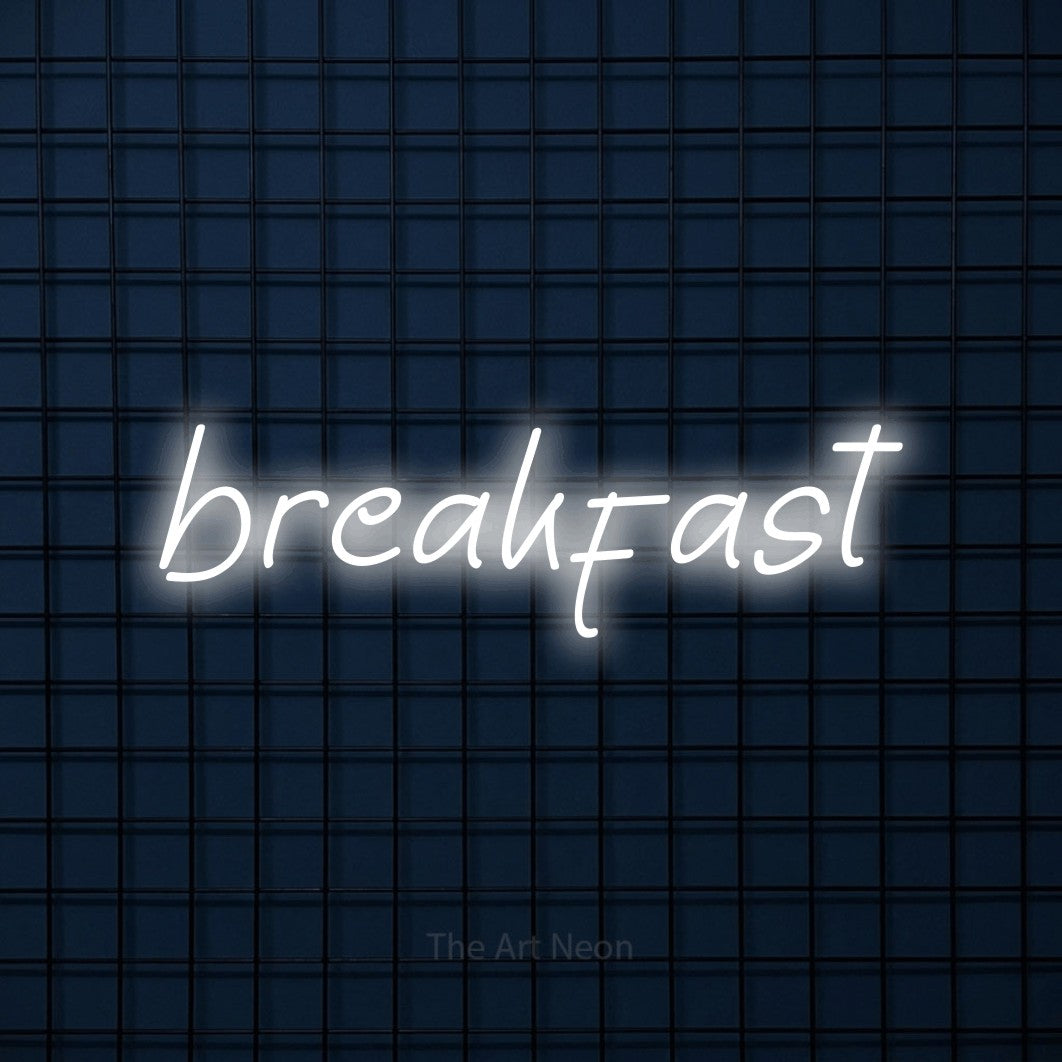Cool white LED neon sign reading "Breakfast" against a dark blue tiled wall for kitchen décor