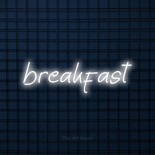 Cool white LED neon sign reading "Breakfast" against a dark blue tiled wall for kitchen décor