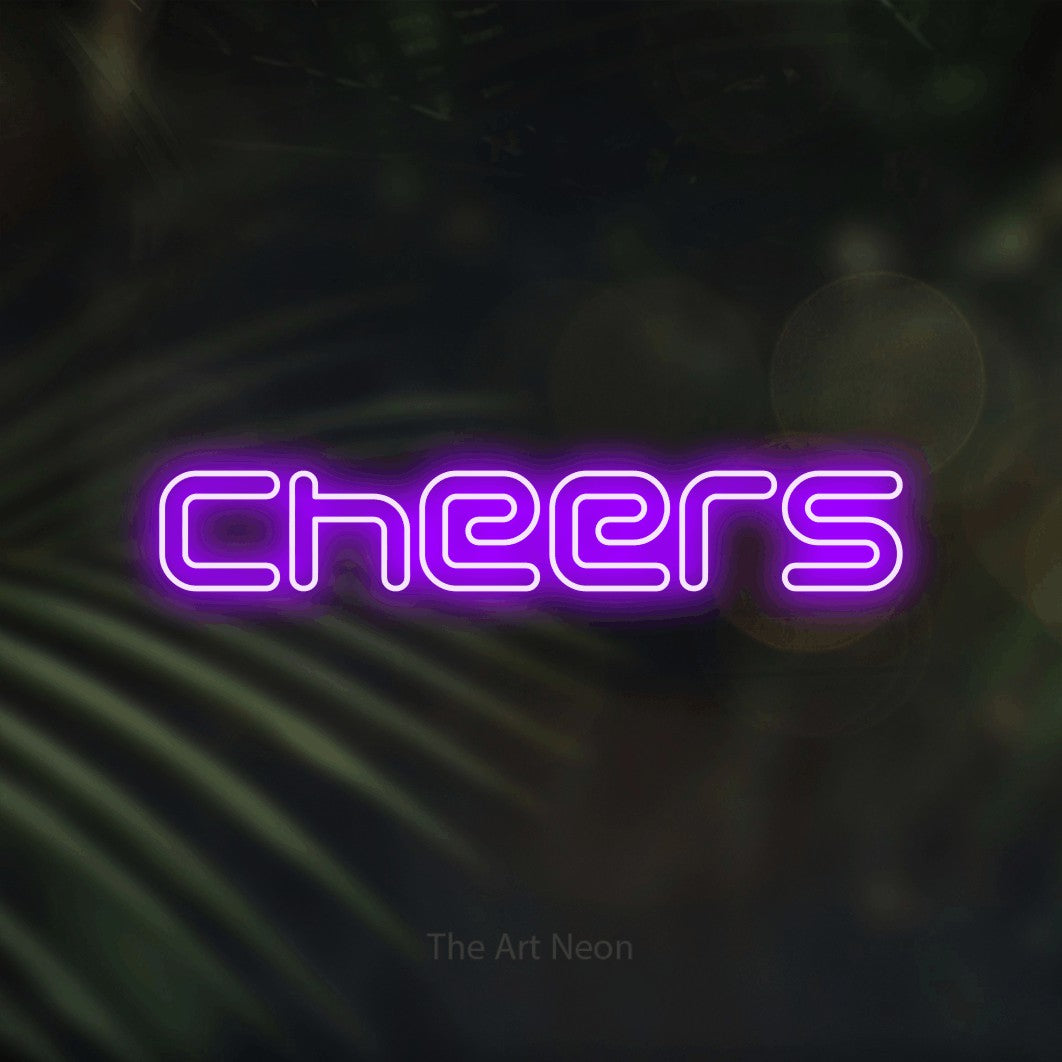 Purple outline-style LED neon sign reading "Cheers" against dark blurred palm leaves for kitchen décor