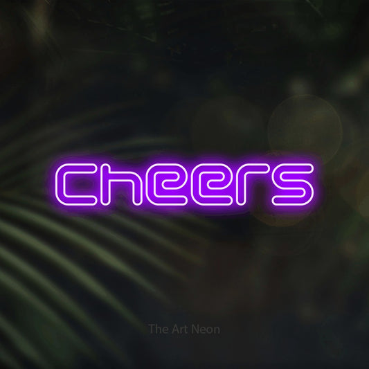 Purple outline-style LED neon sign reading "Cheers" against dark blurred palm leaves for kitchen décor