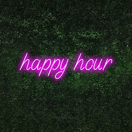 Pink LED neon sign reading "Happy Hour" against a textured green moss wall for kitchen décor
