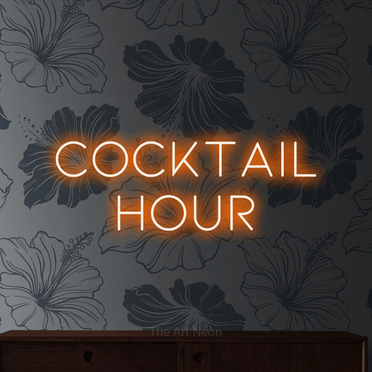 Orange LED neon sign reading "Cocktail Hour" against grey floral wallpaper for kitchen décor