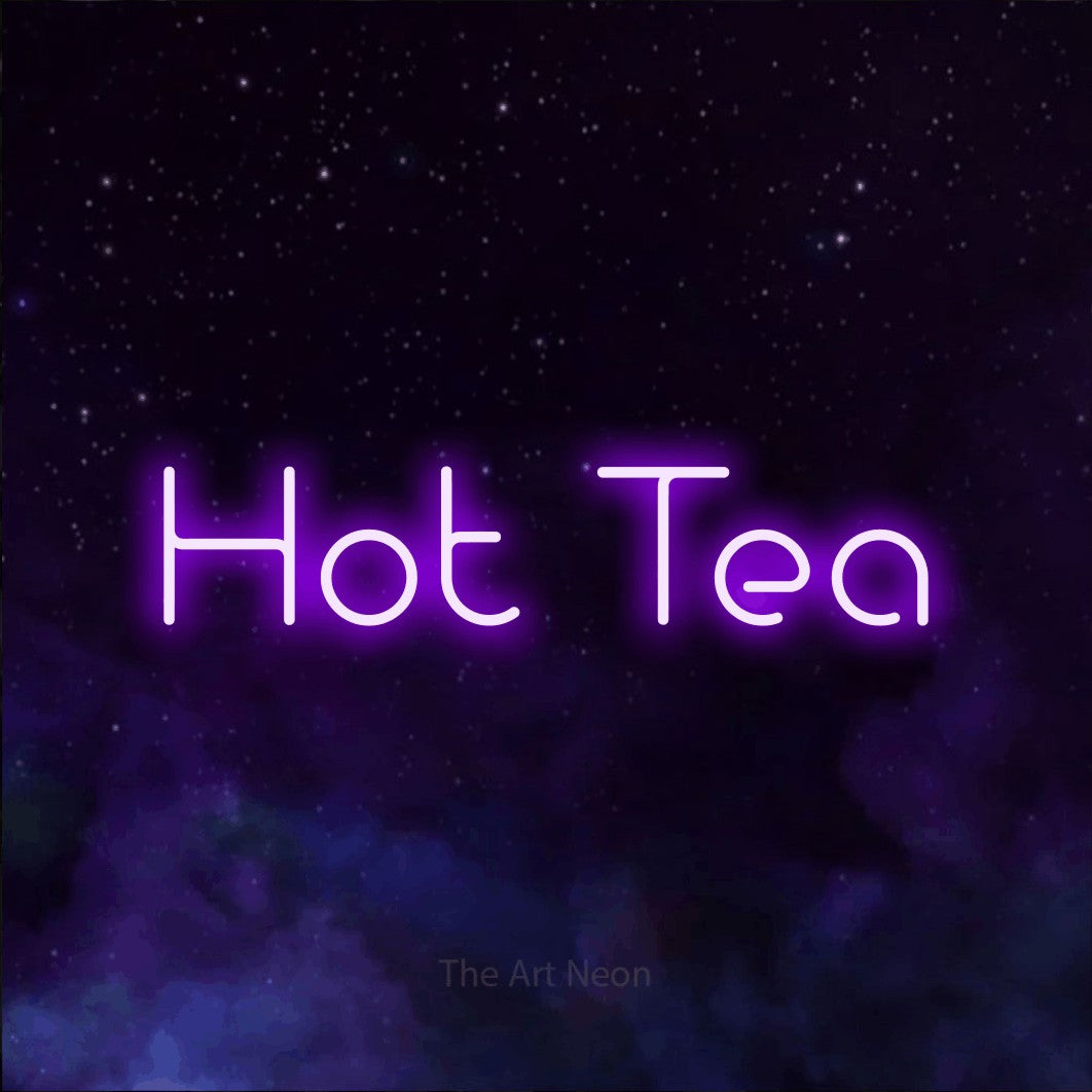 Purple LED neon sign reading "Hot Tea" against a purple galaxy background for kitchen décor