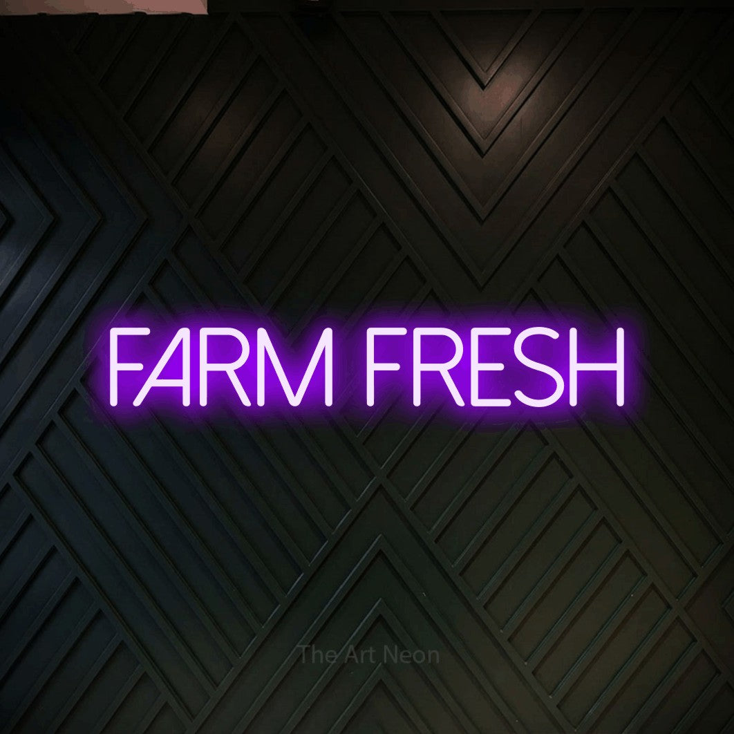 Purple LED neon sign reading "Farm Fresh" against a dark geometric wood wall for kitchen décor