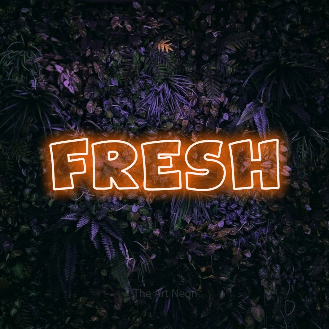 Orange outline-style LED neon sign reading "Fresh" against a purple floral wall for kitchen décor