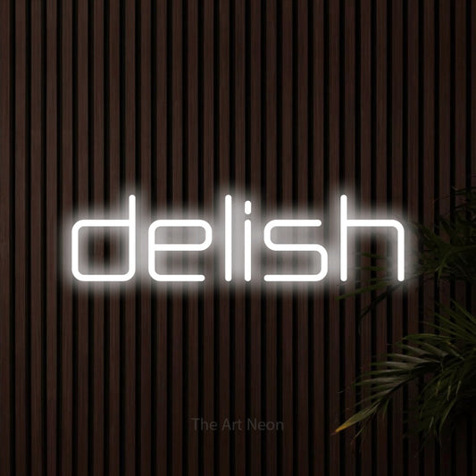 Cool white LED neon sign reading "Delish" against dark wooden slats for kitchen décor