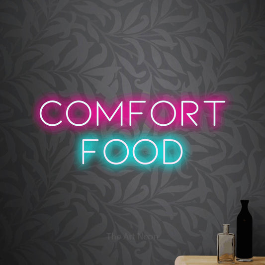 Ice blue and hot pink LED neon sign reading "Comfort Food" against light grey floral wallpaper for kitchen décor
