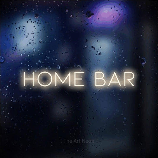 Warm white LED neon sign reading "Home Bar" against a dark blue bokeh background for bar décor