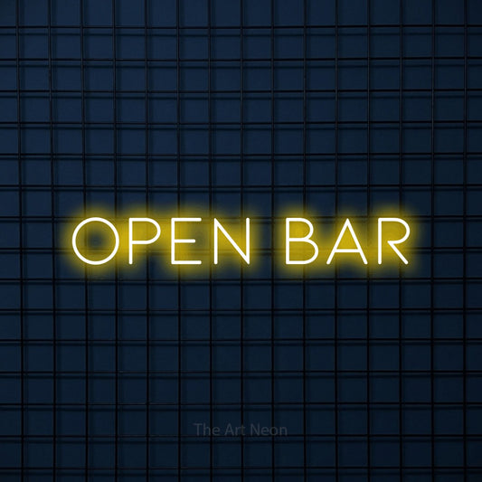 Yellow LED neon sign reading "Open Bar" against a dark blue tiled wall for bar décor
