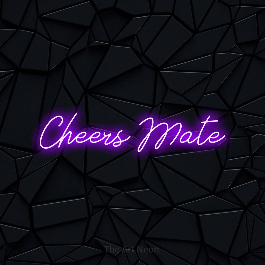 Purple script-style LED neon sign reading "Cheers Mate" against a black faceted wall for bar décor