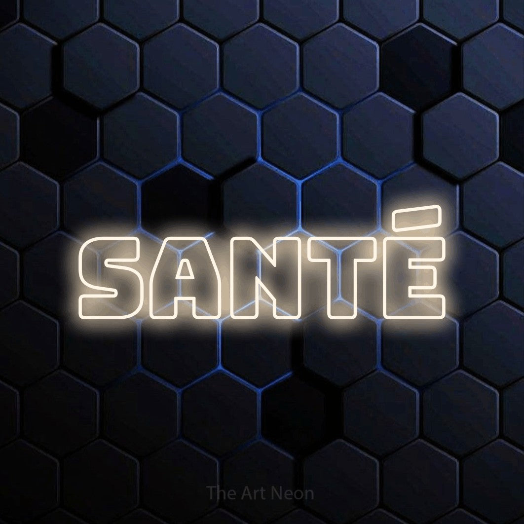 Warm white outline-style LED neon sign reading "Santé" against a blue hexagonal wall for bar décor