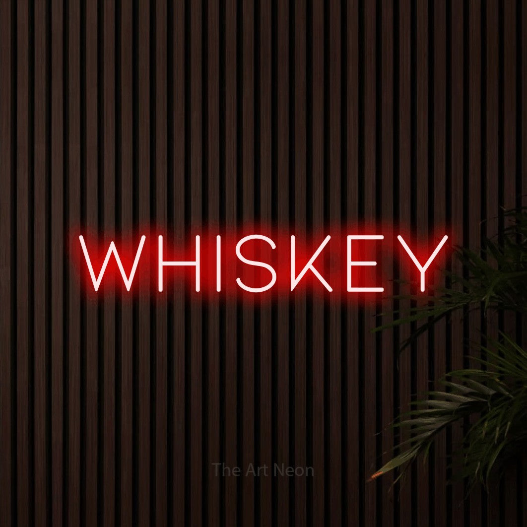 Red LED neon sign reading "Whiskey" against dark wooden slats for bar décor