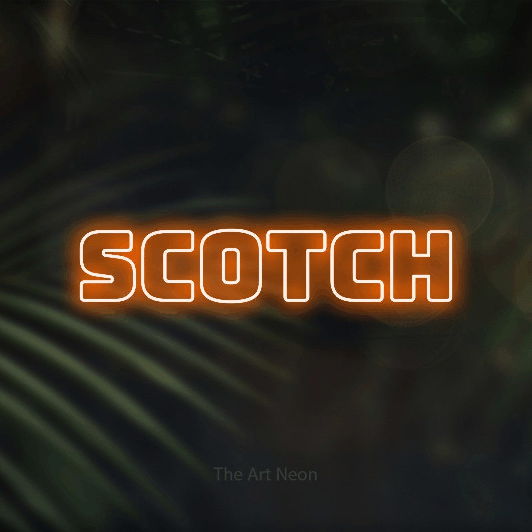 Orange outline-style LED neon sign reading "Scotch" against dark blurred palm leaves for bar décor