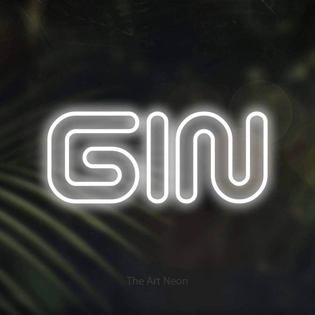 Cool white outline-style LED neon sign reading "Gin" against dark blurred palm leaves for bar décor