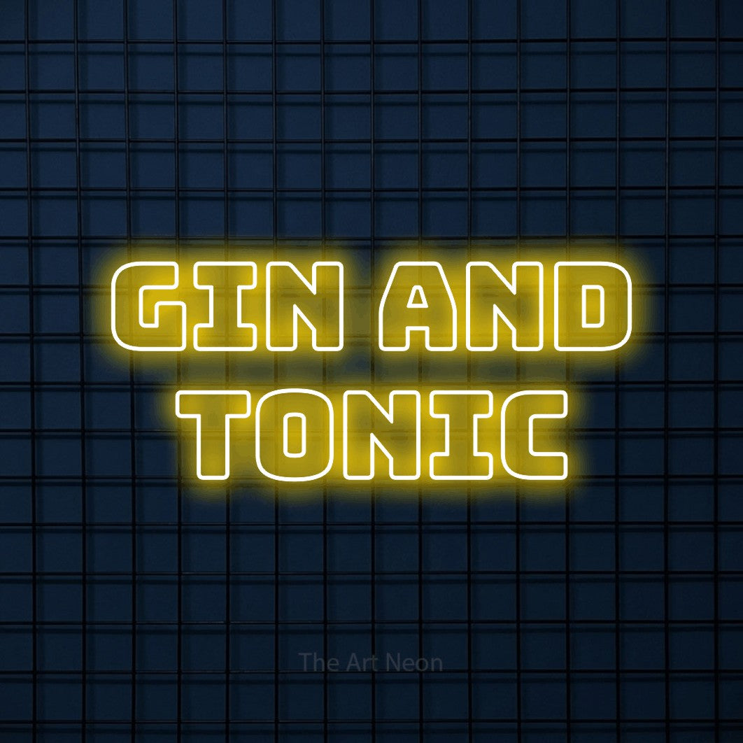 Yellow outline-style LED neon sign reading "Gin and Tonic" against a dark blue tiled wall for bar décor