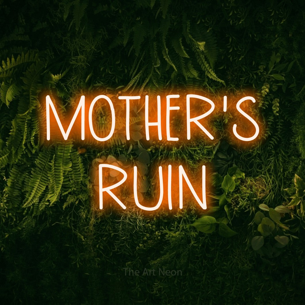 Orange LED neon sign reading "Mother's Ruin" against a moss-covered green wall for bar décor