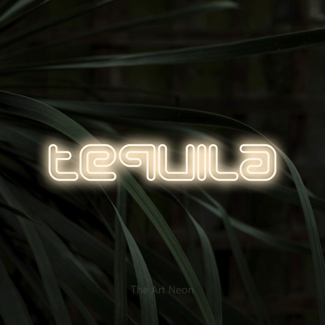 Warm white outline-style LED neon sign reading "Tequila" against dark tropical leaves for bar décor