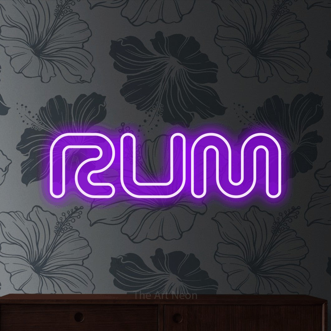 Purple outline-style LED neon sign reading "Rum" against grey floral wallpaper for bar décor