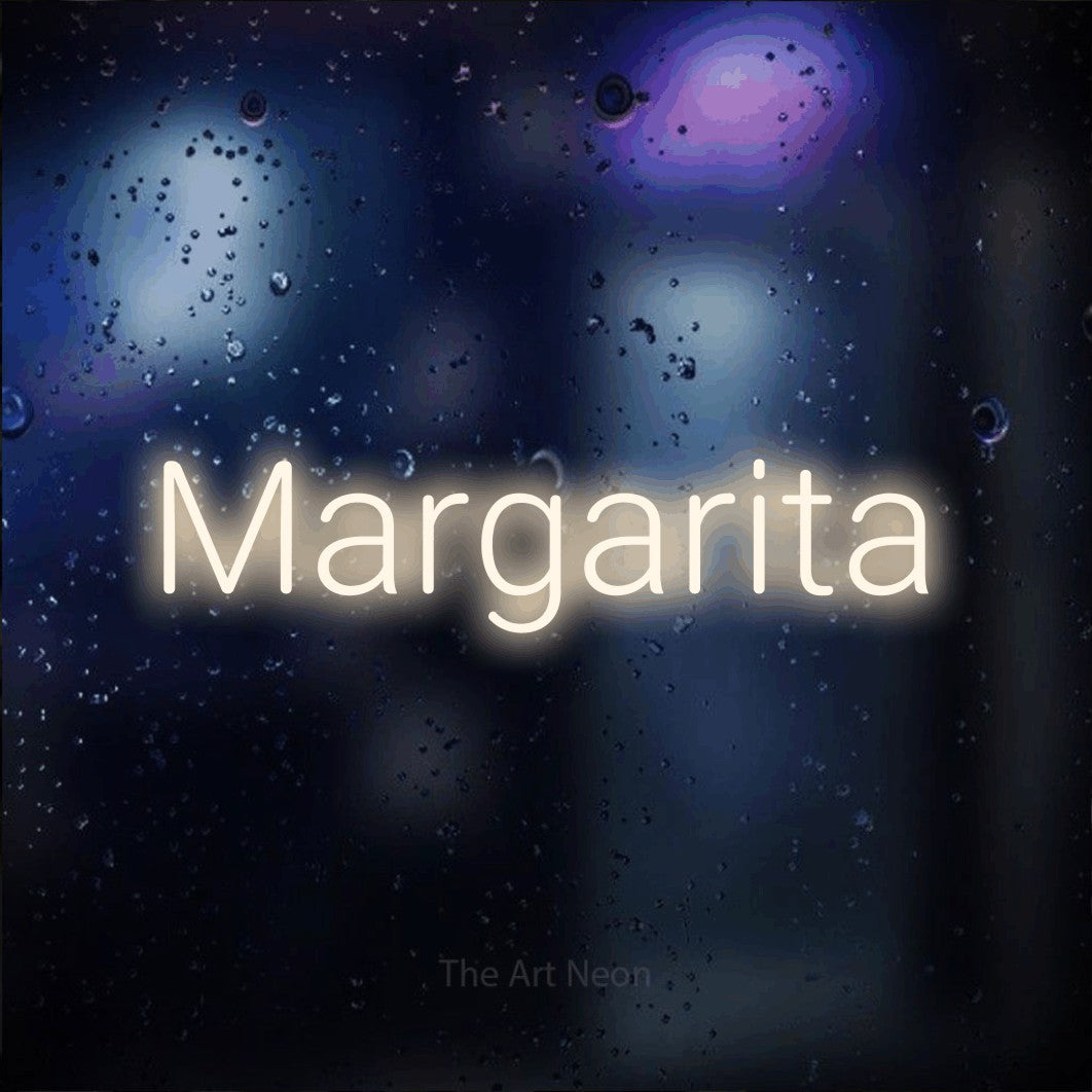 Warm white LED neon sign reading "Margarita" against a dark blue bokeh background for bar décor