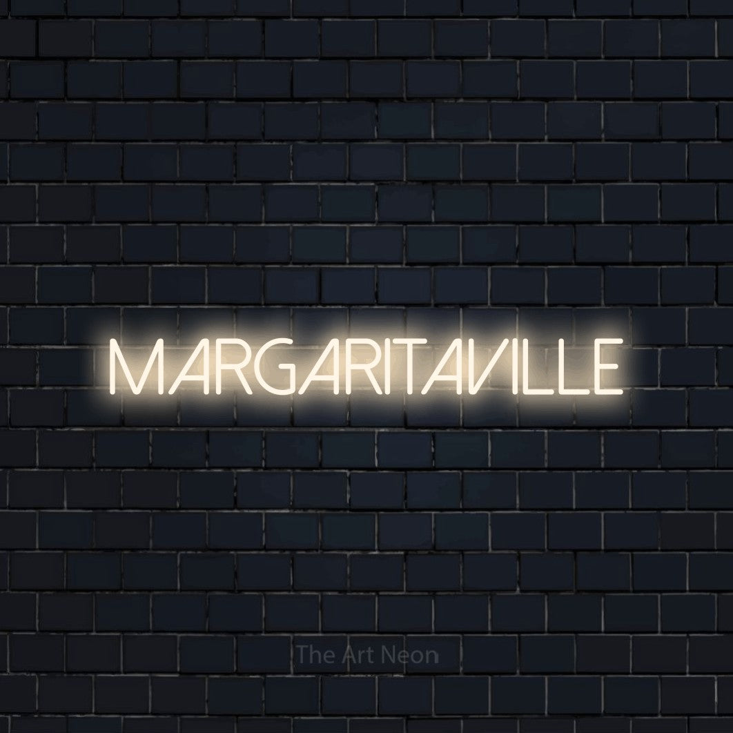 Warm white LED neon sign reading "Margaritaville" against a dark navy brick wall for bar décor