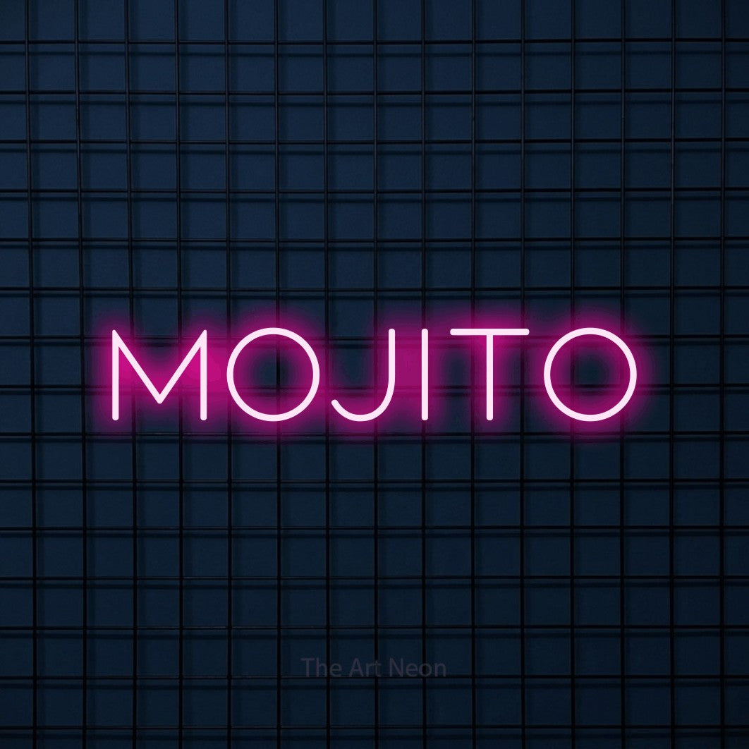 Enseigne néon à DEL à lumière rose vif, affichant « Mojito » sur un mur carrelé bleu foncé, pour décorer un bar