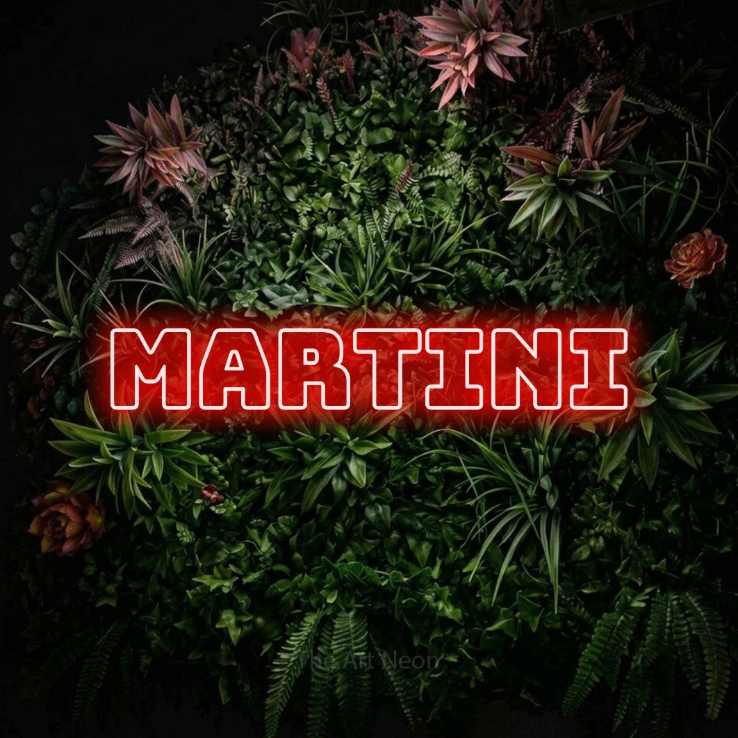Red outline-style LED neon sign reading "Martini" against a flowering garden wall for bar décor