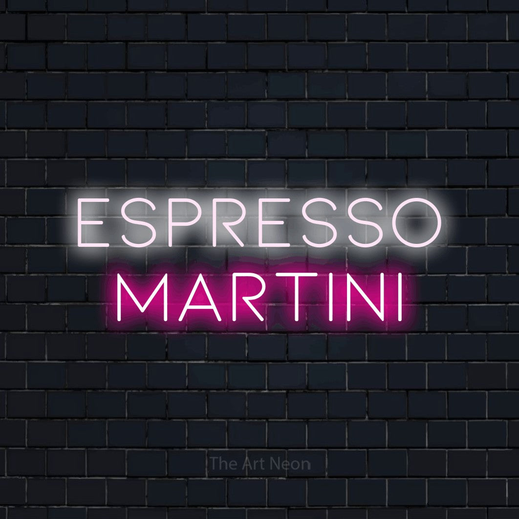 Enseigne néon à DEL à lumière rose vif et blanche froide, affichant « Espresso Martini » sur un mur de briques bleu marine foncé, pour décorer un bar