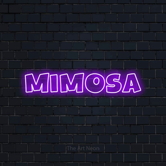 Purple outline-style LED neon sign reading "Mimosa" against a dark navy brick wall for bar décor