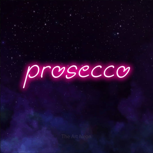 Hot pink LED neon sign reading "Prosecco" against a purple galaxy background for bar décor