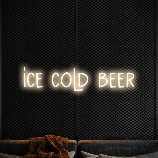 Warm white LED neon sign reading "Ice Cold Beer" against a black textured wall for bar décor