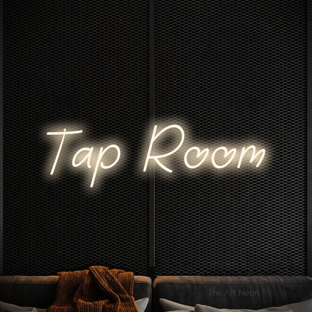 Enseigne néon à DEL à lumière blanche chaude, affichant « Tap Room » sur un mur noir texturé, pour décorer un bar