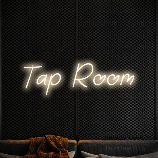 Warm white LED neon sign reading "Tap Room" against a black textured wall for bar décor