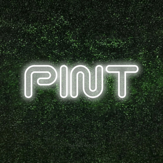 Cool white outline-style LED neon sign reading "Pint" against a textured green moss wall for bar décor
