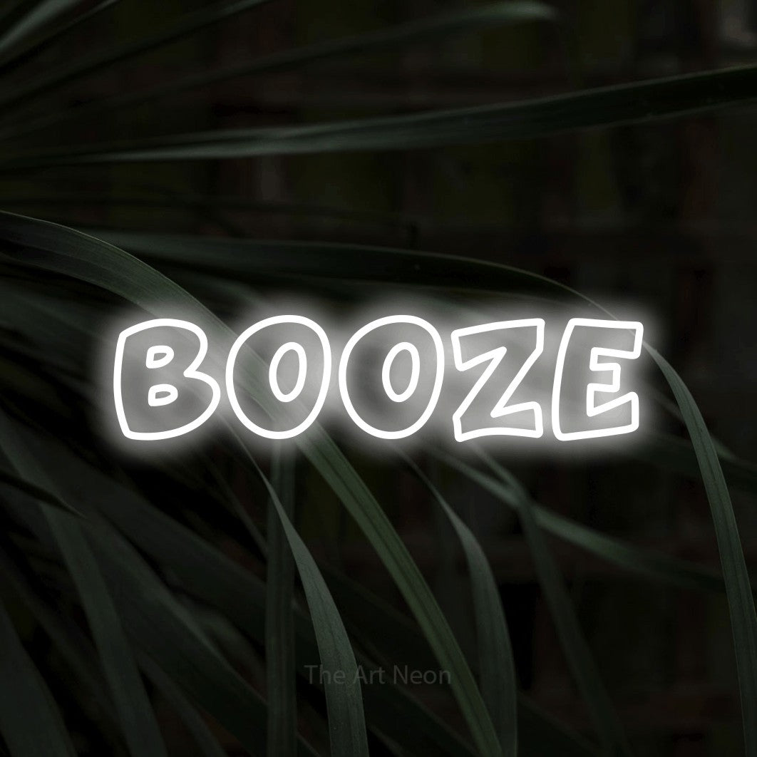 Enseigne néon à DEL à lumière blanche froide, de style contour, affichant « Booze » sur des feuilles tropicales foncées, pour décorer un bar