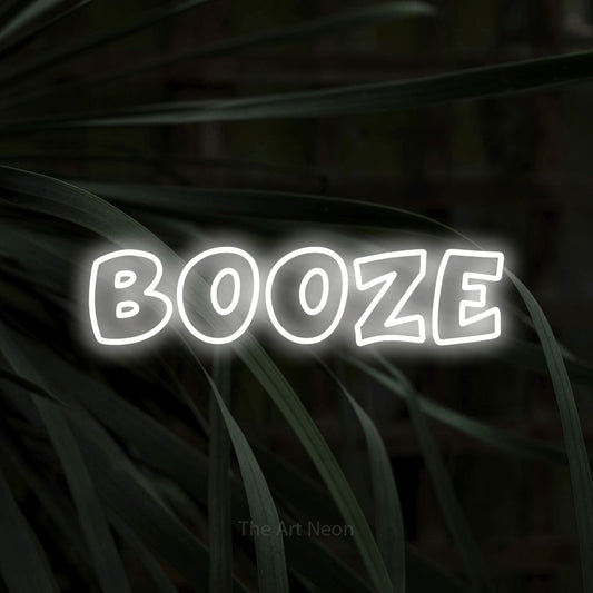 Cool white outline-style LED neon sign reading "Booze" against dark tropical leaves for bar décor