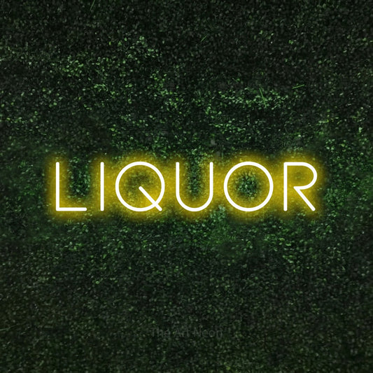 Yellow LED neon sign reading "Liquor" against a textured green moss wall for bar décor
