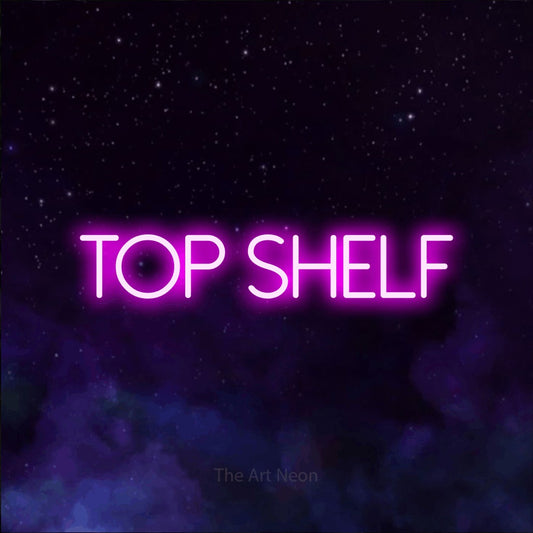 Pink LED neon sign reading "Top Shelf" against a purple galaxy background for bar décor
