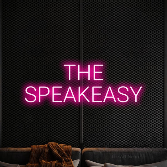 Hot pink LED neon sign reading "The Speakeasy" against a black textured wall for bar décor