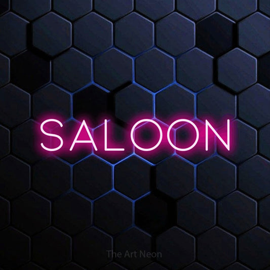Hot pink LED neon sign reading "Saloon" against a blue hexagonal wall for bar décor