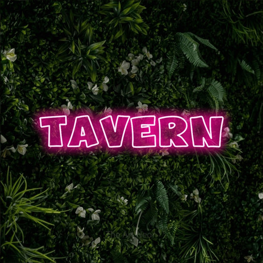 Hot pink outline-style LED neon sign reading "Tavern" against a leafy green wall for bar décor