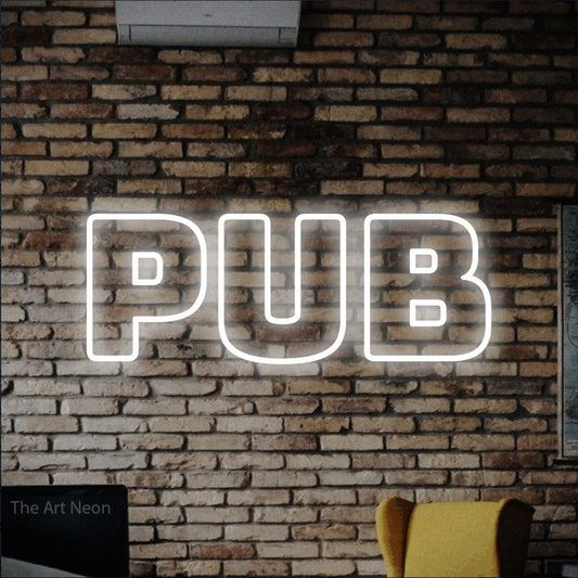 Cool white outline-style LED neon sign reading "Pub" against a rustic brick wall for bar décor