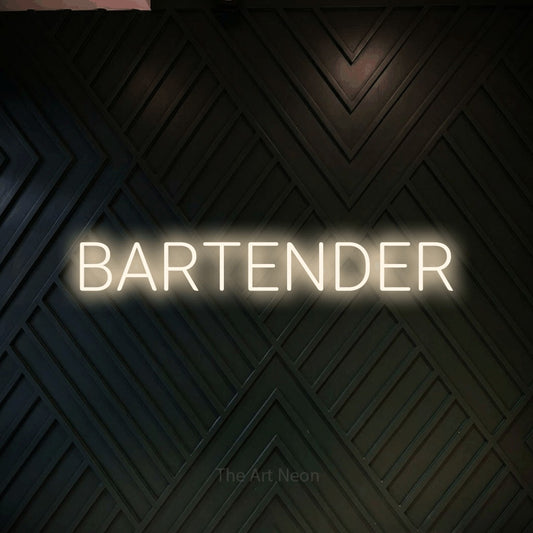 Warm white LED neon sign reading "Bartender" against a dark geometric wood wall for bar décor