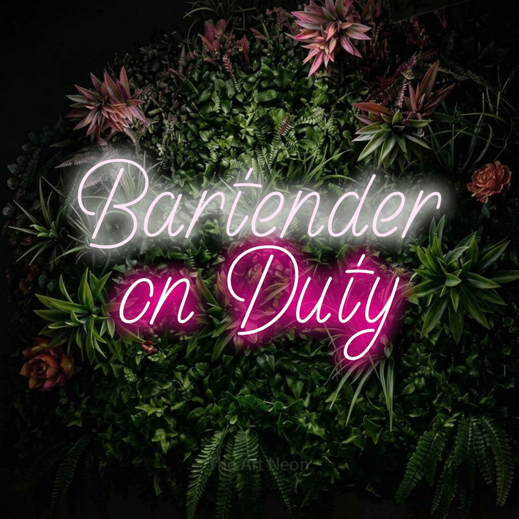 Hot pink and cool white LED neon sign reading "Bartender on Duty" against a flowering garden wall for bar décor