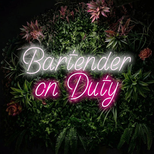 Hot pink and cool white LED neon sign reading "Bartender on Duty" against a flowering garden wall for bar décor