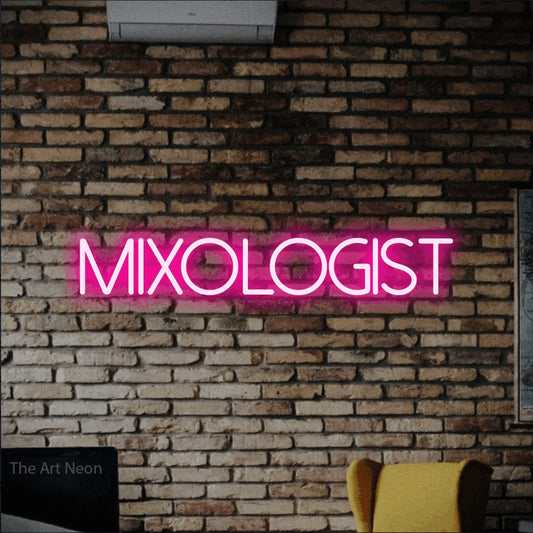 Hot pink LED neon sign reading "Mixologist" against a rustic brick wall for bar décor