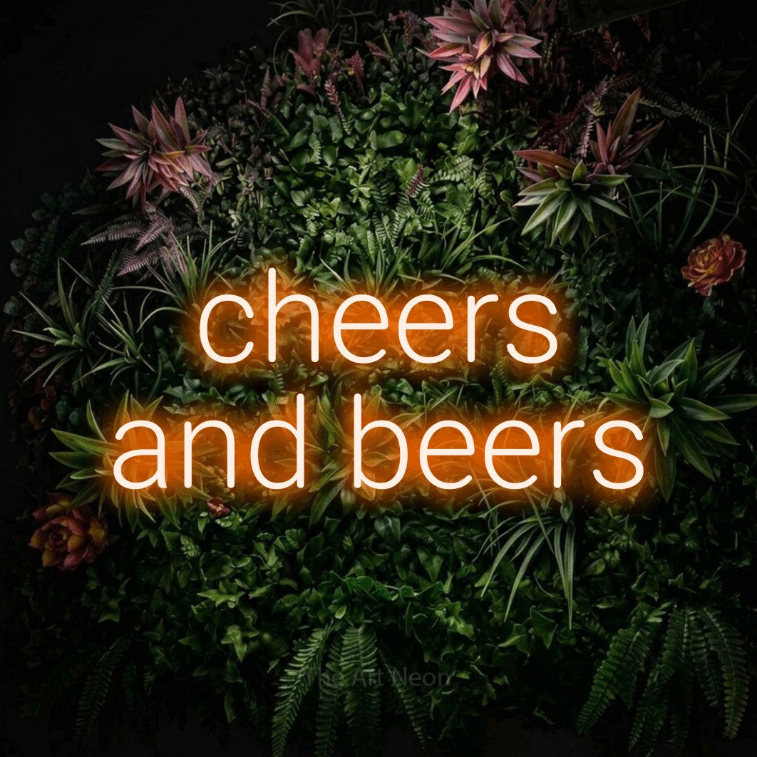 Orange LED neon sign reading "Cheers and Beers" against a flowering garden wall for bar décor