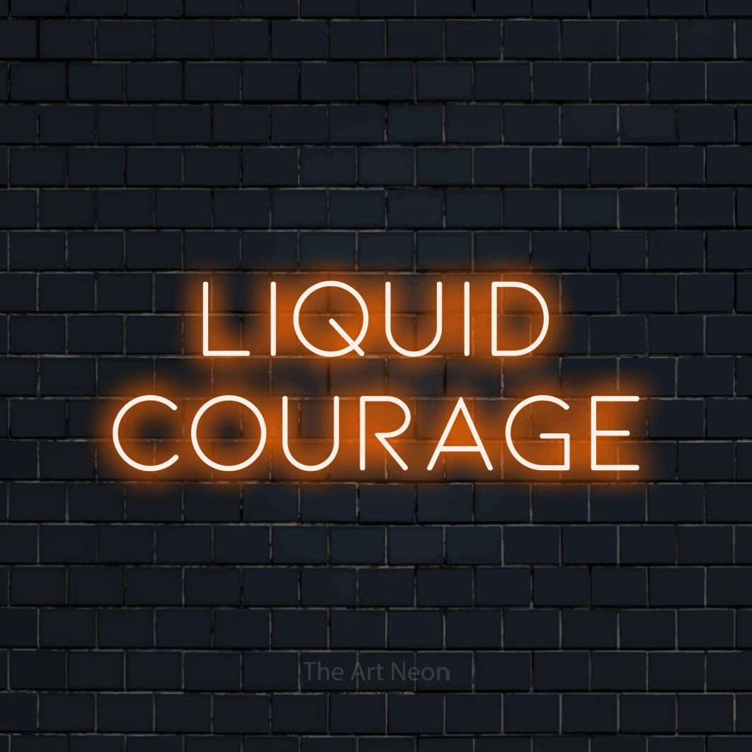Orange LED neon sign reading "Liquid Courage" against a dark navy brick wall for bar décor