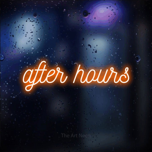 Orange script-style LED neon sign reading "After Hours" against a dark blue bokeh background for bar décor