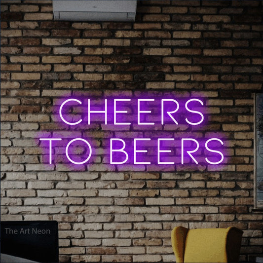 Purple LED neon sign reading "Cheers to Beers" against a rustic brick wall for bar décor
